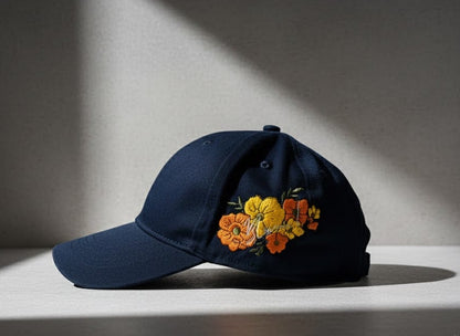 Navy blue cap with floral embroidery on a gray background